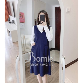 Set váy bầu yếm xanh than áo trắng cotton