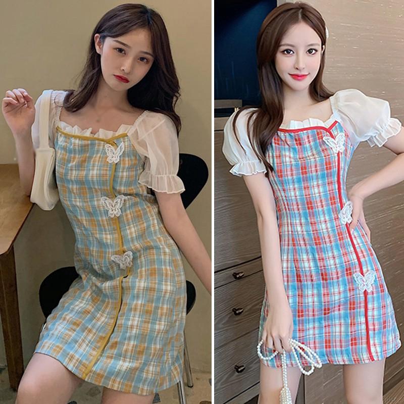 Đầm Tay Ngắn Cổ Vuông Họa Tiết Hình Bướm Phong Cách Retro Pháp Nữ Tính