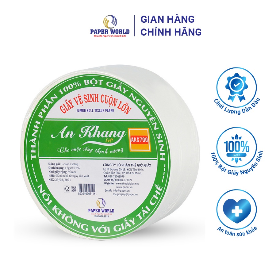 Giấy vệ sinh cuộn lớn cao cấp 700g AN KHANG SOFT | Thế Giới Giấy | 100% bột giấy nguyên sinh | AKS700