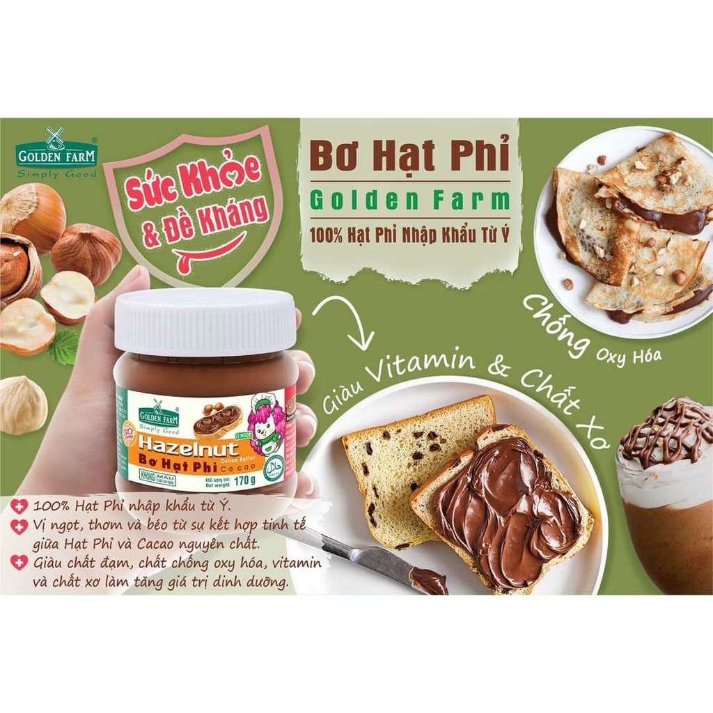 BƠ HẠT PHỈ CA CAO ÍT NGỌT GOLDEN FARM HAZELNUT COCOA BUTTER