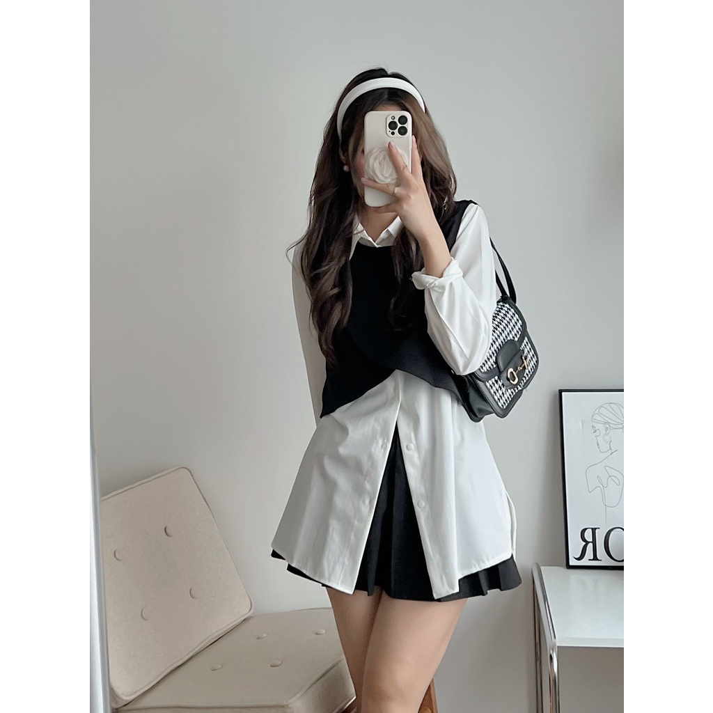 Set áo sơ mi 2 món mix áo gile, set áo sơ mi mix gile kiểu