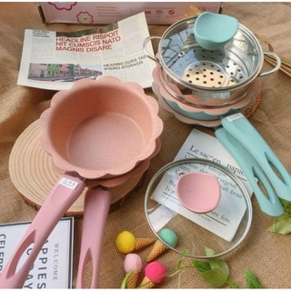 Bộ nồi chảo nấu đồ ăn dặm cho bé kèm xửng hấp, dụng cụ nấu đồ ăn dặm chống dính