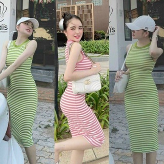 Đầm midi body ba lỗ sọc ngang form dài, ôm sát cơ thể, thun gân co giãn, cổ tròn không tay viền trơn