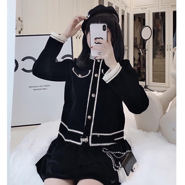 Áo khoác nhung viền thừng túi hộp cổ bèo áo kiểu nữ công sở | BigBuy360 - bigbuy360.vn