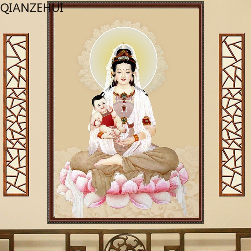 Tranh Đính Đá 5D Toàn Diện Hạt Tròn Hình Tượng Phật Avalokitesvara