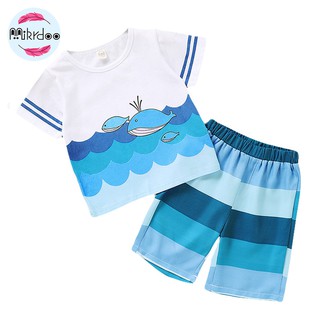 Bộ đồ áo thun tay ngắn + quần short Mikrdoo họa tiết cá voi dễ thương dành cho bé trai
