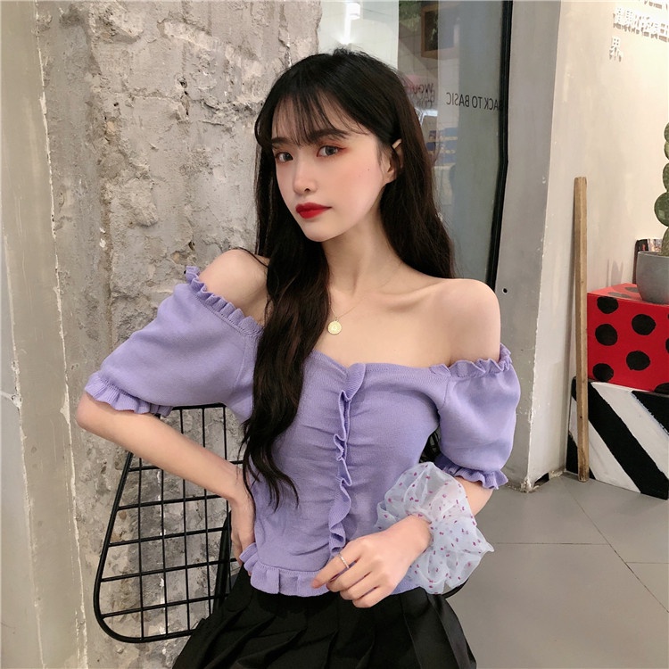Porozi  Áo dệt kim  tay ngắn cổ chữ V 7 màu tùy chọn phong cách thời trang Hàn Quốc cho nữ