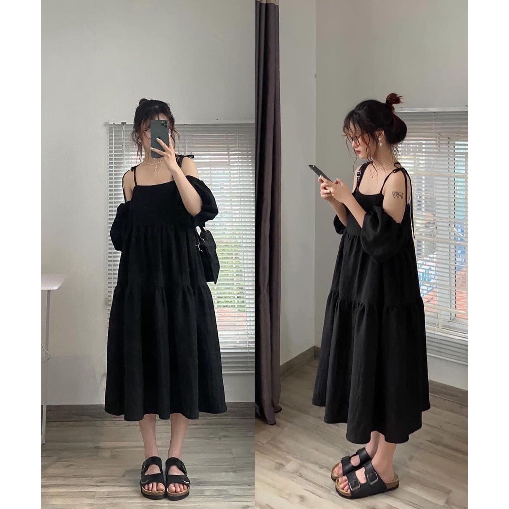 Váy Maxi 2 dây tay rời dáng babydoll chất đũi mặc được 4 kiểu phom suông màu đen xanh cốm trắng