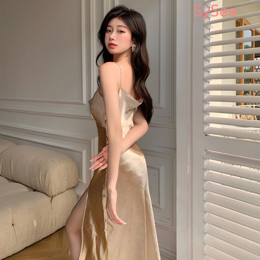 Đầm satin hai dây thiết kế xẻ tà quyến rũ hợp thời trang cho nữ