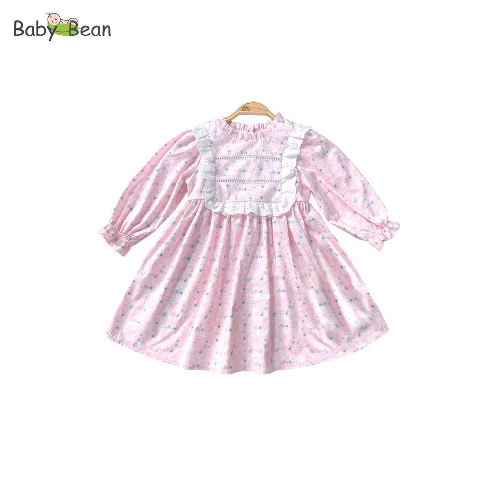 Đầm Cotton Cao Cấp Cổ Ren Bèo Dọc Nhún Eo Bé Gái BabyBean