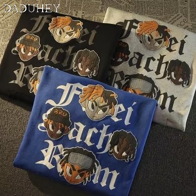 DaDuHey Men's American-Style Leisure Washed-out Vintage Distressed Printed Crew Neck Casual Hooded Sweater