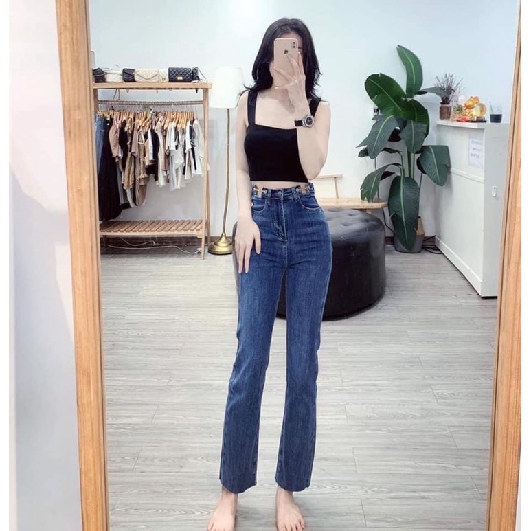 Quần jeans suông giãn pha cạp xích oze