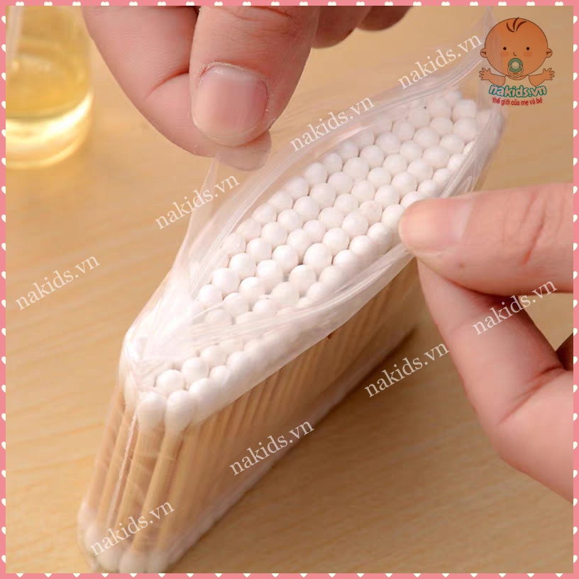 Tăm Bông Thân Gỗ 100 Que Túi Zip Thân Thiện Với Môi Trường, Bịch 100 Que Tăm Bông Ngoáy Tại Cho Cả Gia Đình