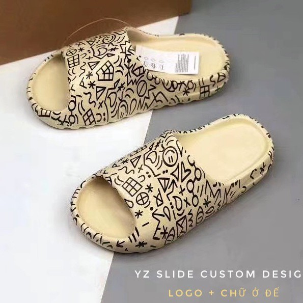 Dép quai ngang unisex cao cấp họa tiết chữ - MÀU KEM xịn xò - loại bán store