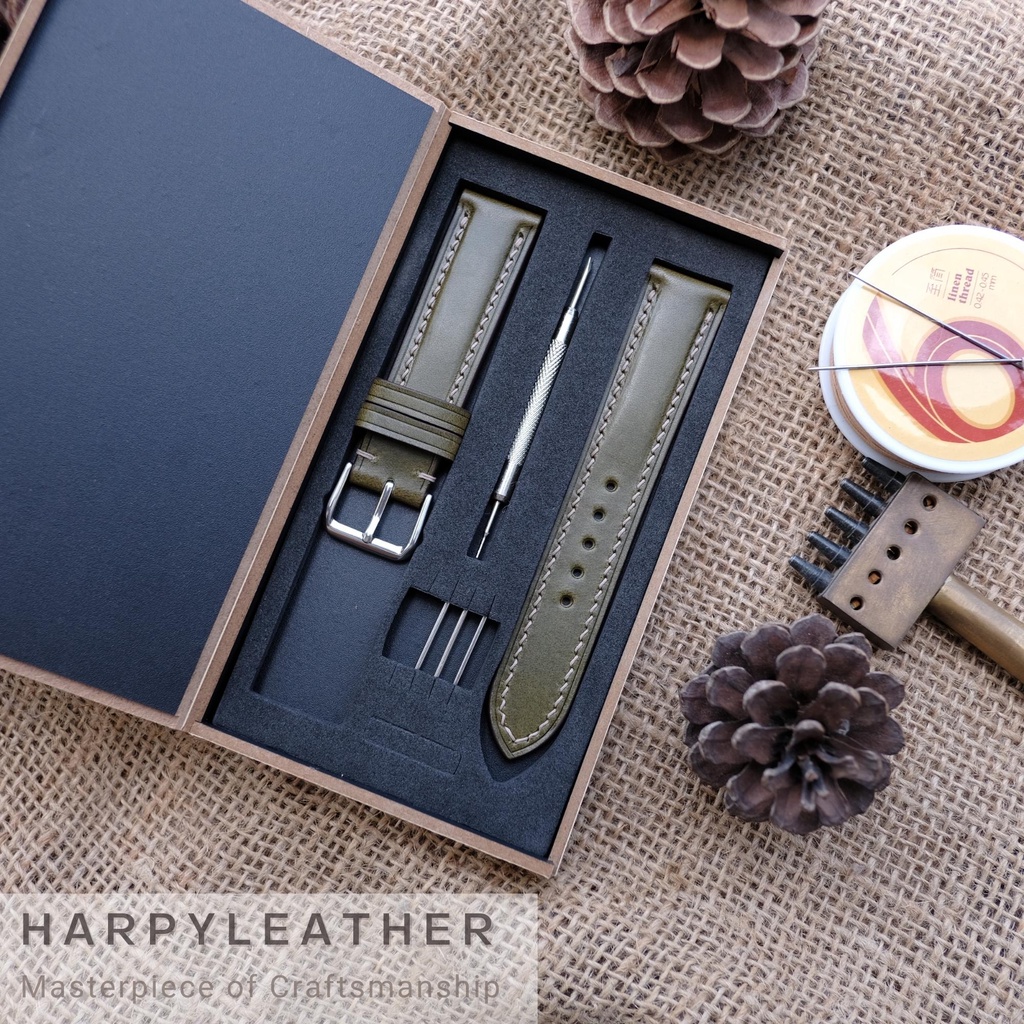 Dây đồng hồ màu xanh lá ( Xanh Olive ) Handmade 100% - Khâu tay thủ công - Da bò Buttero Ý - Kích Thước Theo Yêu Cầu