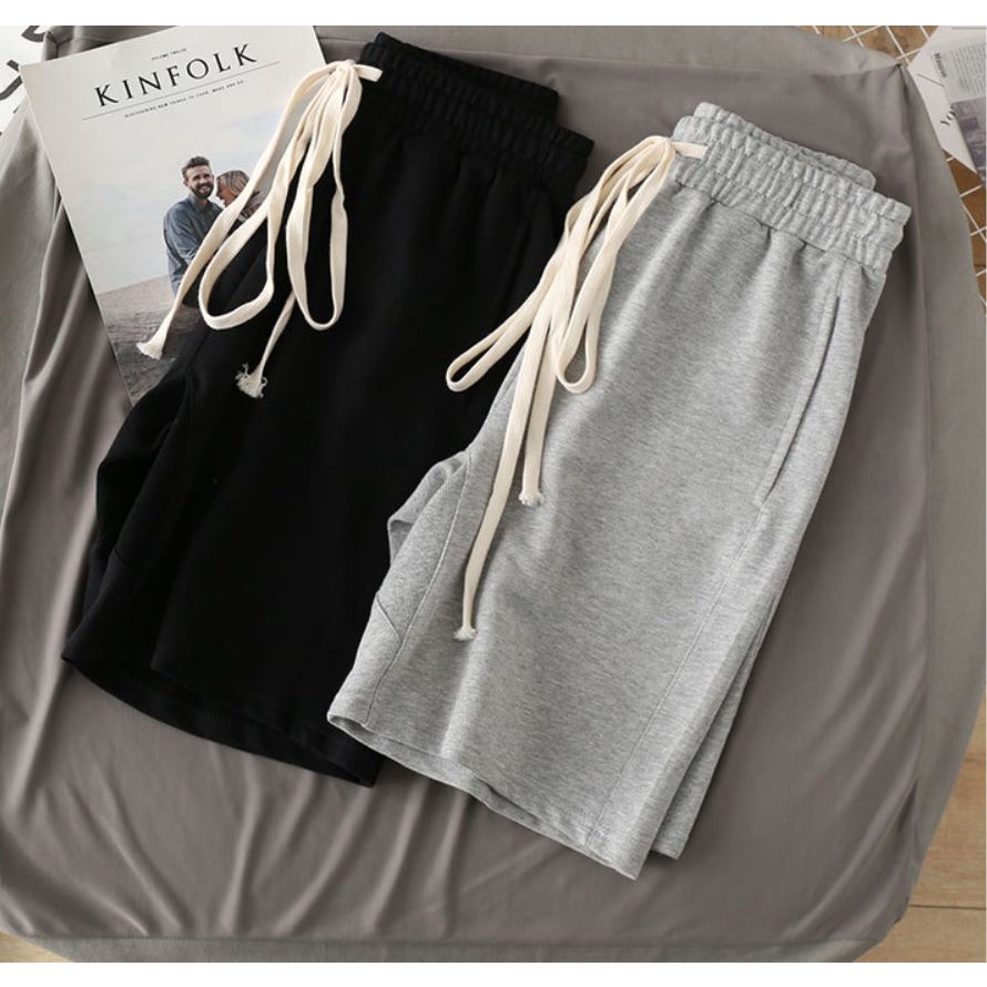 Quần Short Unisex Nam/Nữ Dáng Lửng Trơn Chất Nỉ Mát Co Dãn Phối Dây Phong Cách Thể Thao Cá Tính