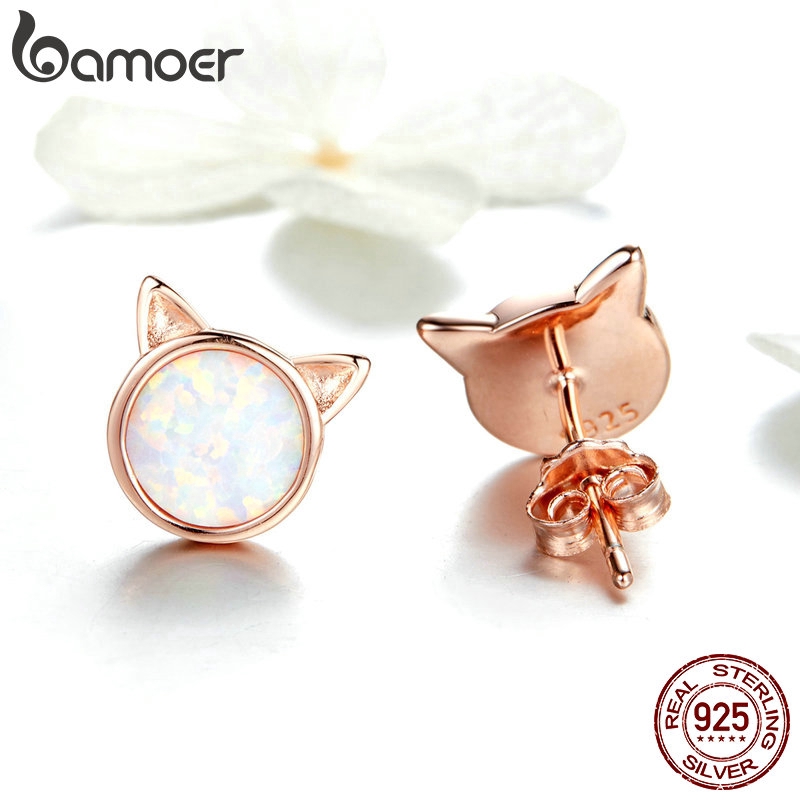 Bông Tai Bamoer Mạ Vàng Hồng Phối Tai Mèo Đính Đá Opal Nhỏ Nhắn Sang Trọng Cho Nữ
