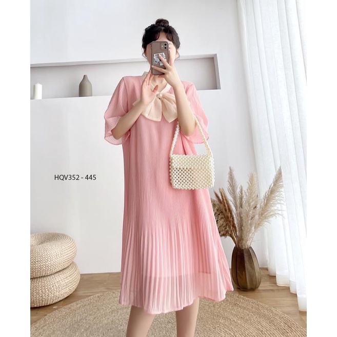 Váy Bầu Ly 2 lớp ,tay bồng ,đính ngọc ,Nơ todáng xuông☘️tiểu thư siêu xinh-ảnh thật cận chất -freesize 43-68kg