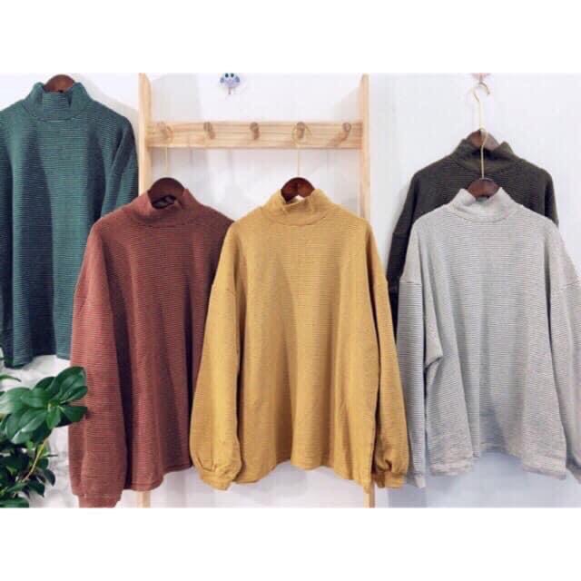 Áo nỉ len kẻ ngang tay bồng áo thun kẻ nhiều màu áo thu đông dài tay | BigBuy360 - bigbuy360.vn