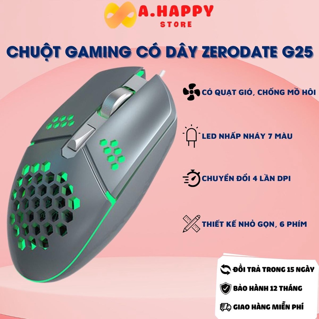 Chuột Gaming có dây ZeroDate G25, chuột tổ ong siêu nhẹ | Tích hợp quạt làm mát, 6 nút, 2000 DPI dùng cho PC, Laptop