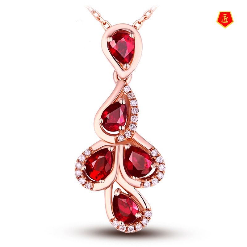 Vòng cổ Mạ Vàng Hồng 18k Mặt Hình Giọt Nước Đính Đá Ruby Xinh Xắn