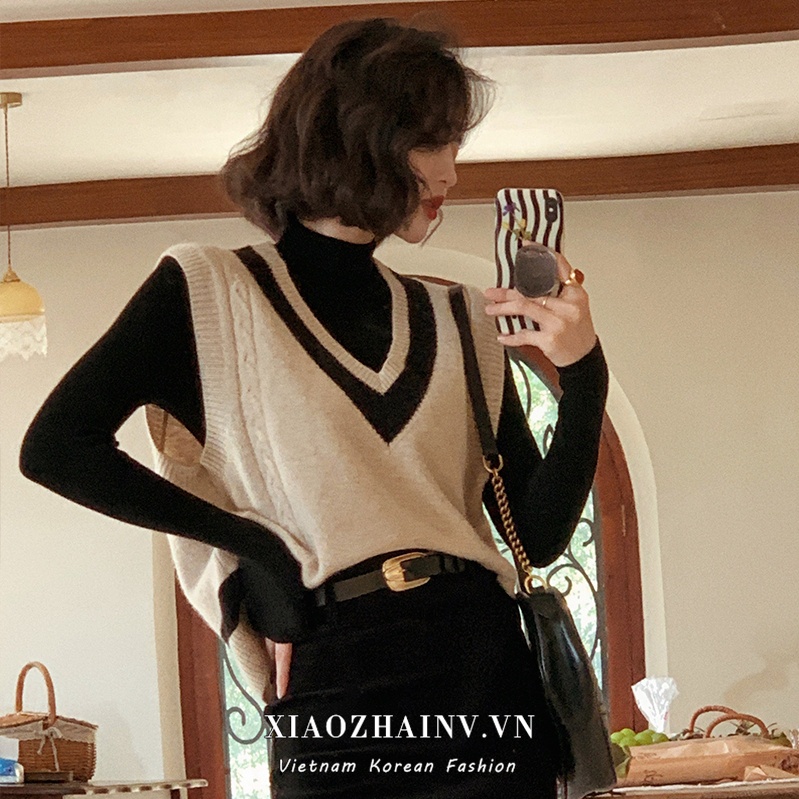 Xiaozhainv Áo len nữ không tay cổ chữ V thời trang Hàn Quốc cho nữ