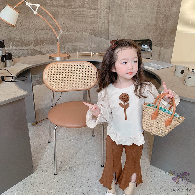 Bộ Áo Sơ Mi Họa Tiết Hoa + Quần Dệt Kim Lưng Cao Thời Trang Mùa Thu Hàn Quốc Cho Bé Gái