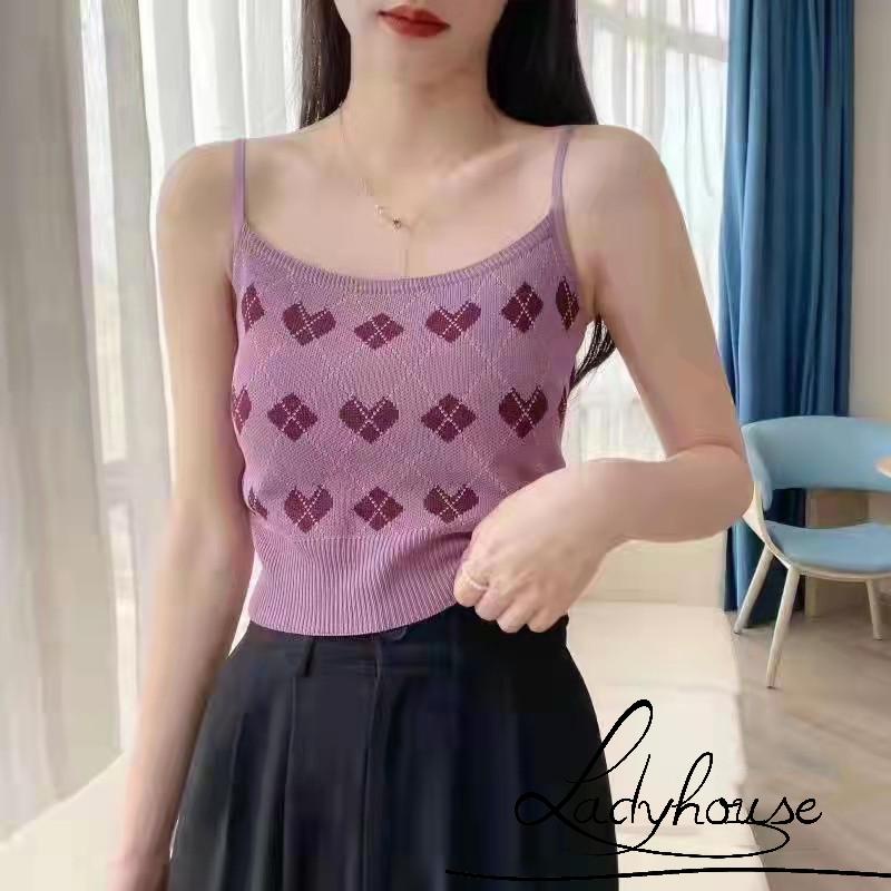 Áo dệt kim không tay cổ chữ U in họa tiết trái tim phong cách vintage cho nữ