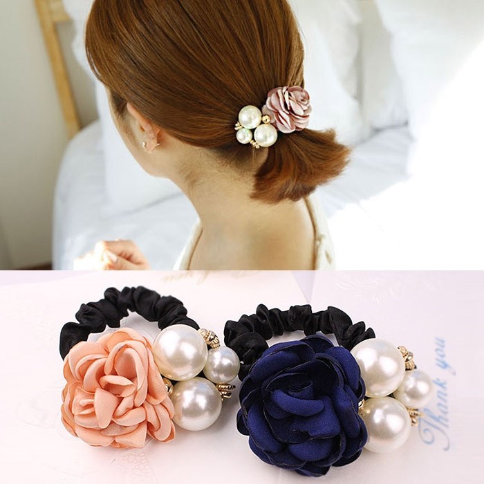 Dây Buộc Tóc vải Handmade Nữ Hàn Quốc Dễ Thương đính ngọc trai, hoa hồng - Phụ kiện, đồ buộc tóc đuôi ngựa