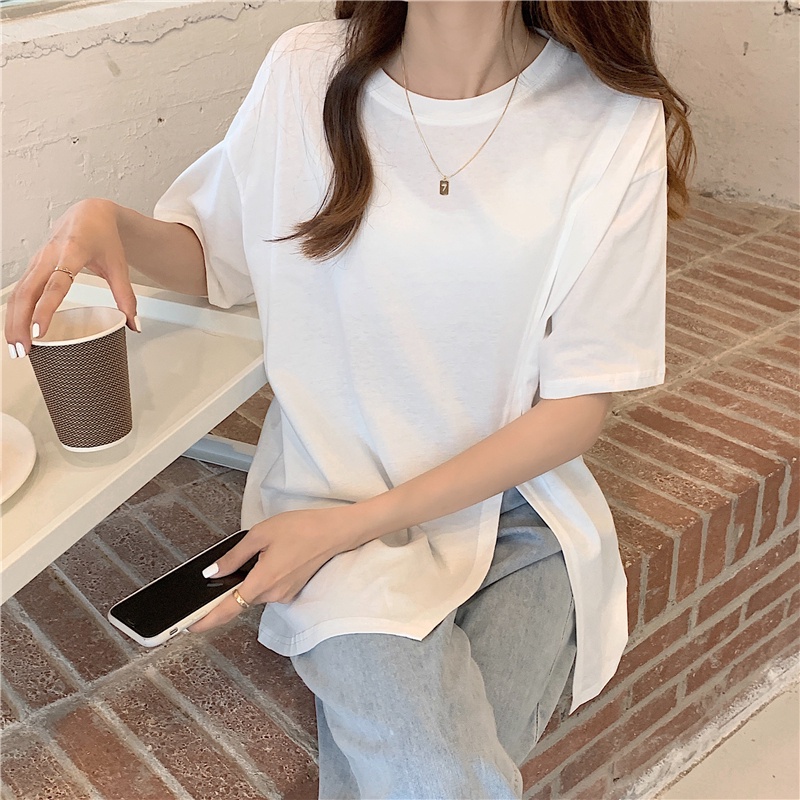 SUXI Áo thun nữ tay ngắn dáng rộng màu trơn thời trang mùa hè