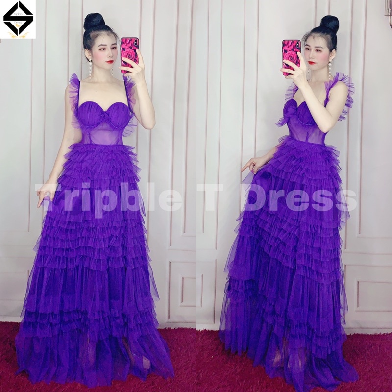 Đầm xoè dáng midi TRIPBLE T DRESS 2 dây nhún phồng xếp tầng - Size M/L - MS172V