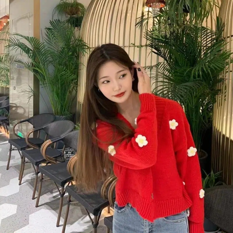 Áo khoác cardigan SUXI dệt kim tay dài dáng rộng in hoa thời trang mùa thu cho nữ