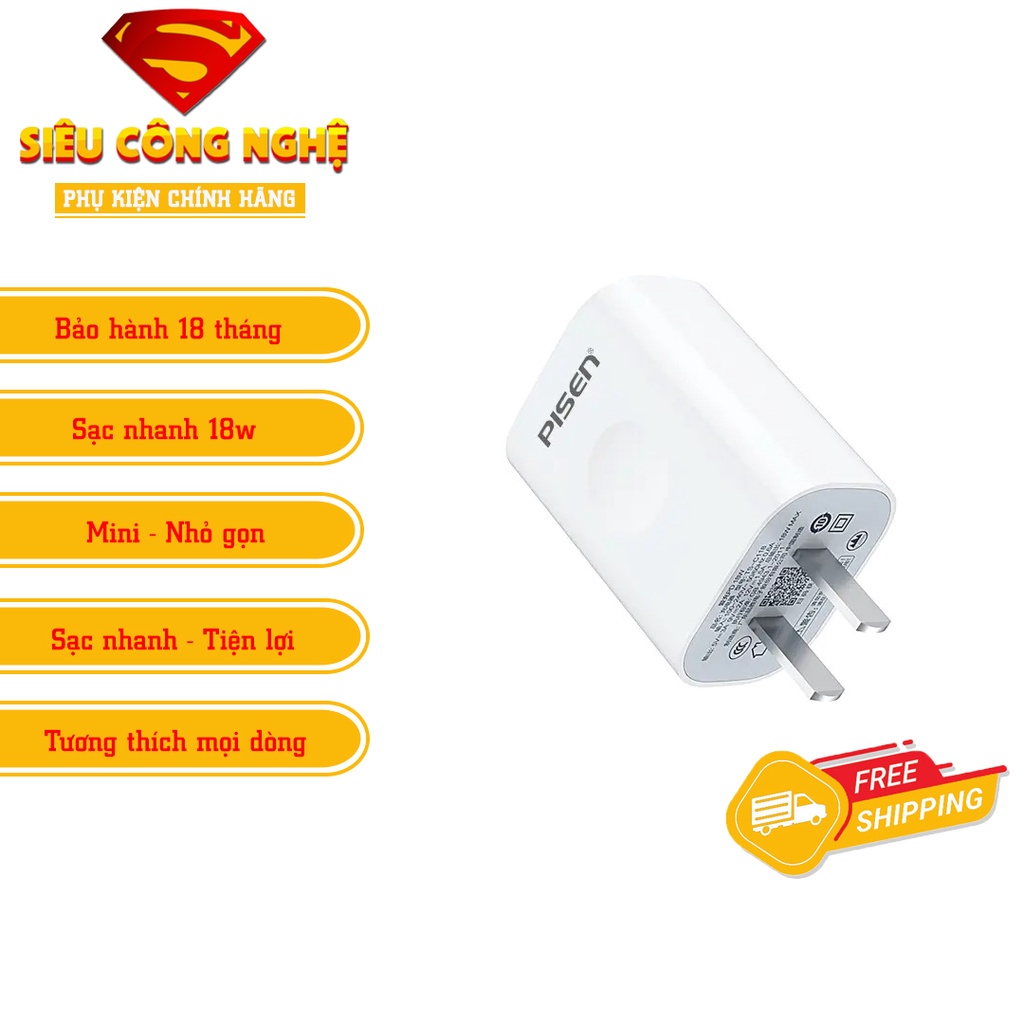 Sạc IP PISEN 18W CHÍNH HÃNG CAO CẤP Sạc nhanh - An Toàn cho điện thoại - Bảo hành 18 tháng