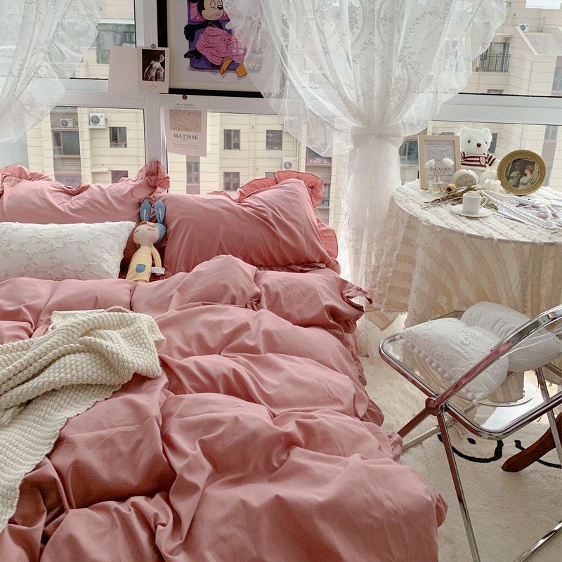 Bộ chăn ga gối Cotton Tici phối bèo Mượt Decor, vỏ chăn mền, drap giường và 2 vỏ gối