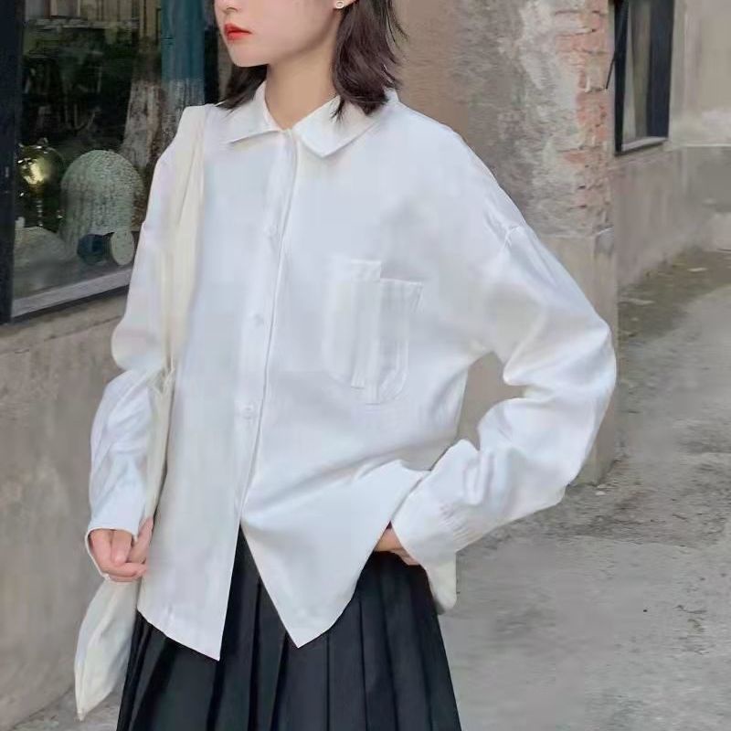 (MỚI) Áo sơ mi trắng tay dài dáng rộng phối túi độc đáo