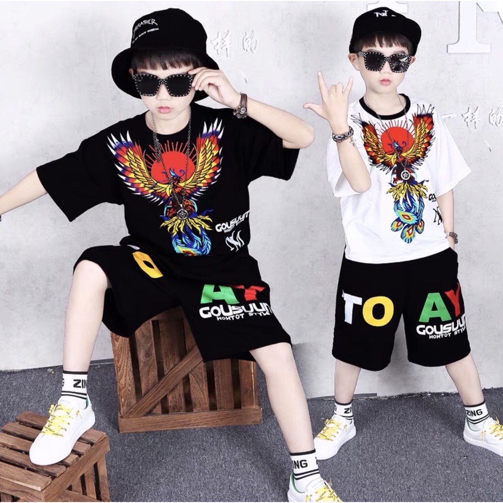 (15-32kg) Bộ cộc tay bé trai kiểu dáng thể thao hình phượng hoàng,thun cotton chính phẩm CiZi.shop