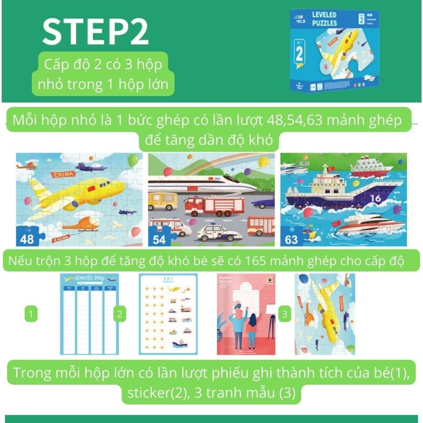 Xếp hình cho bé từ 3 tuổi puzzle 5 cấp độ level up loại cao cấp tặng kèm sticker và bảng thành tích