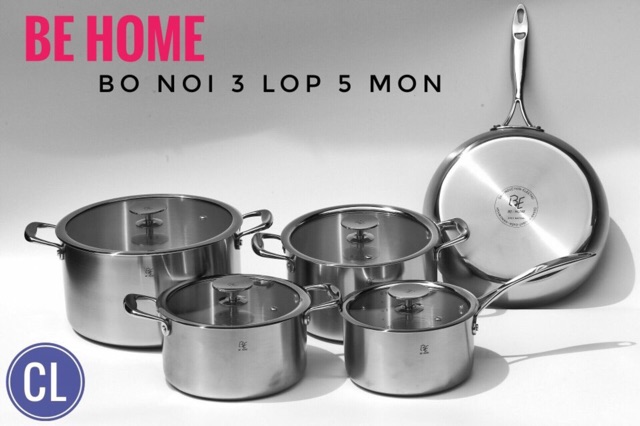 BỘ NỒI INOX 5 CHIẾC BEHOME 3 LỚP ĐÁY LIỀN -INOX 304