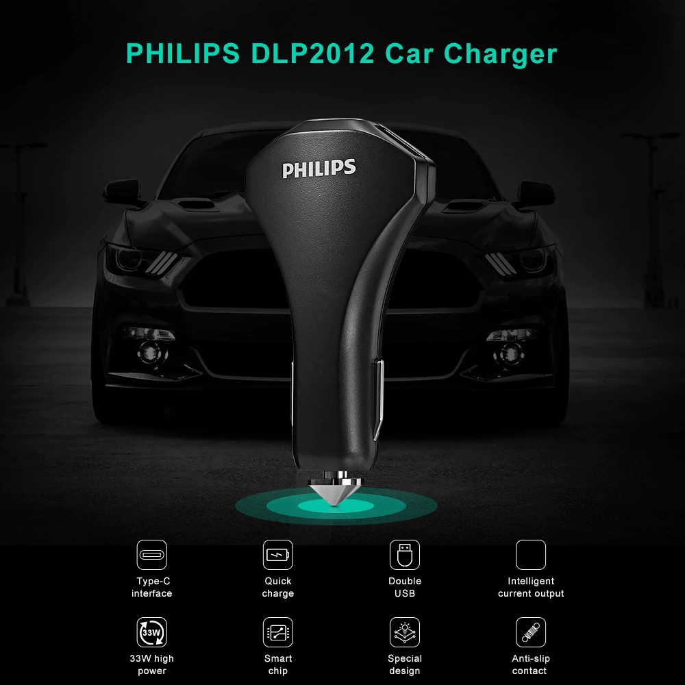 Bộ sạc xe hơi Philips DLP2012 Quick charge 3.0 kèm cổng USB-C + phá kính xe