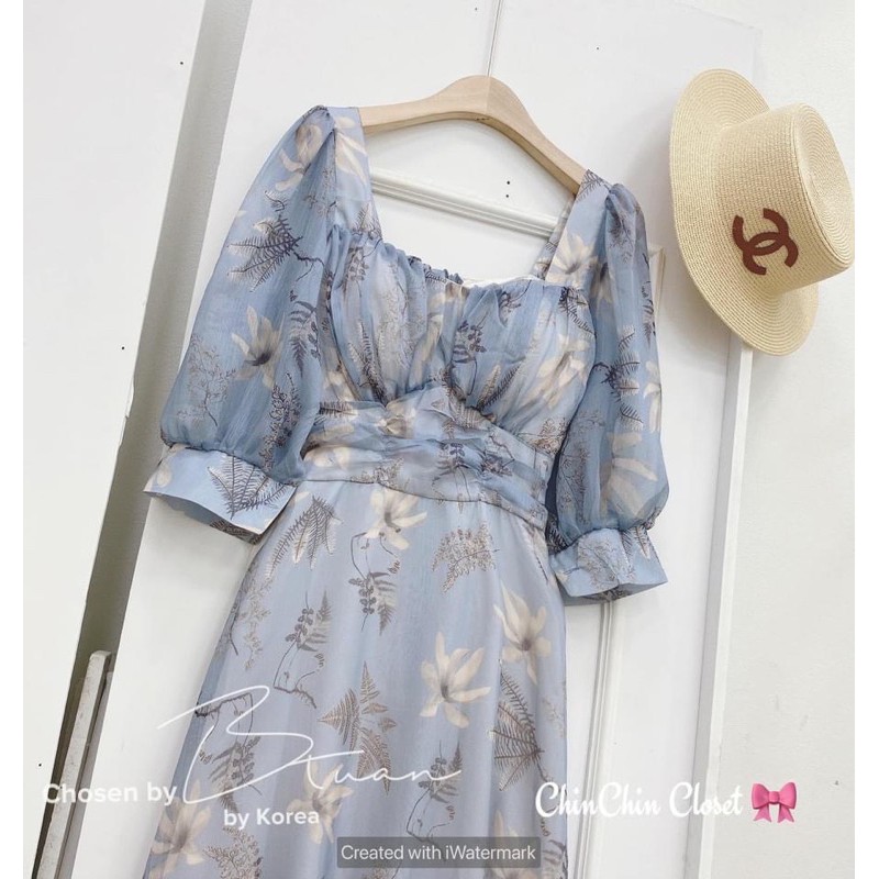 VNU285 - VÁY HOA XANH DƯƠNG CHUN NGỰC DÚM EO | BigBuy360 - bigbuy360.vn