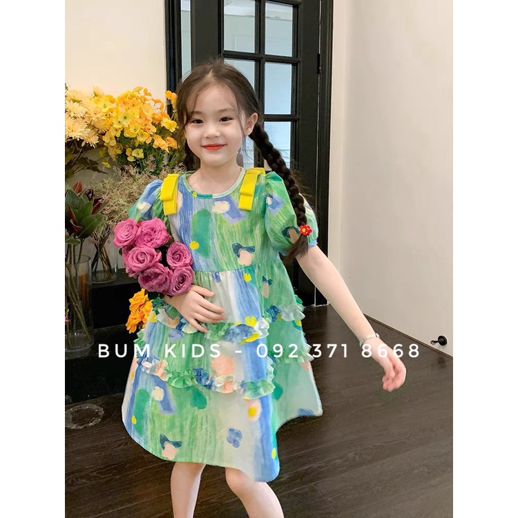 Váy hoa xanh đính nơ vàng điệu đà cho bé gái từ 8-35kg cao cấp G20