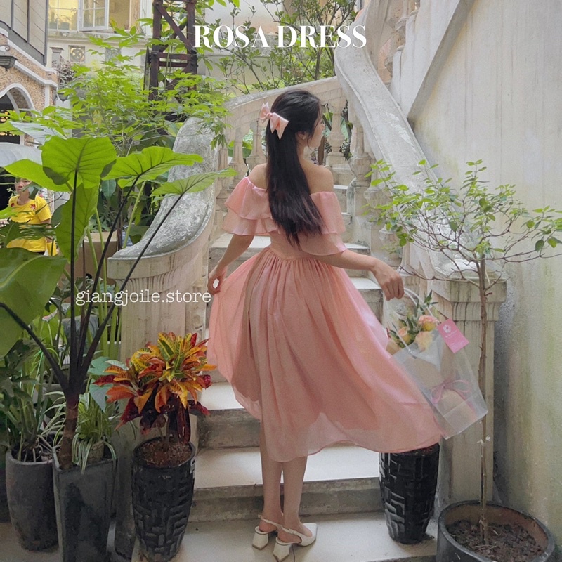 Đầm tơ dài trễ vai thướt tha màu hồng Rosa Dress - Giangjoile.Store