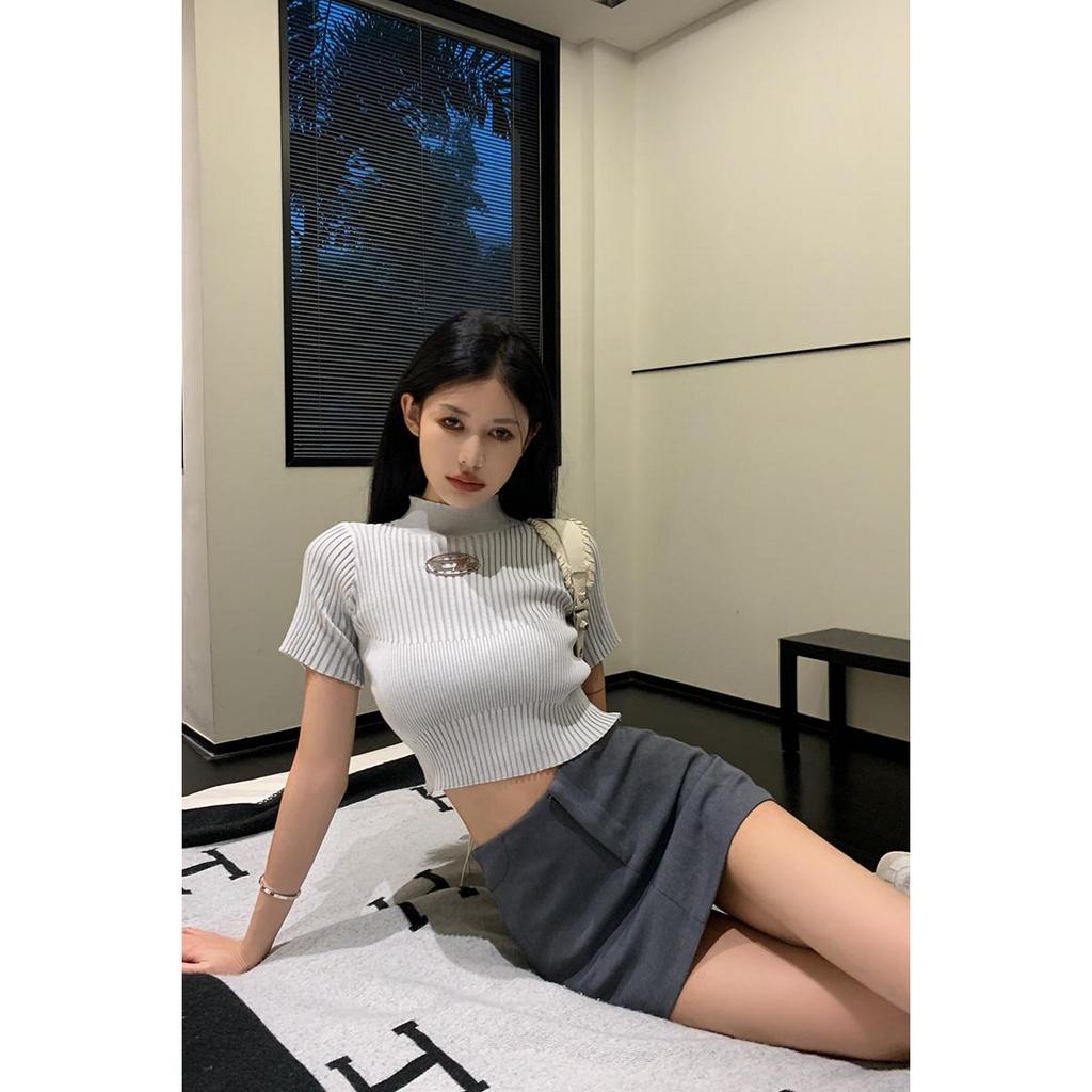 Áo Thun Dệt Kim Tay Ngắn Cổ Tròn Dáng Ôm Phong Cách Mỹ Thời Trang Mùa Hè Cho Nữ