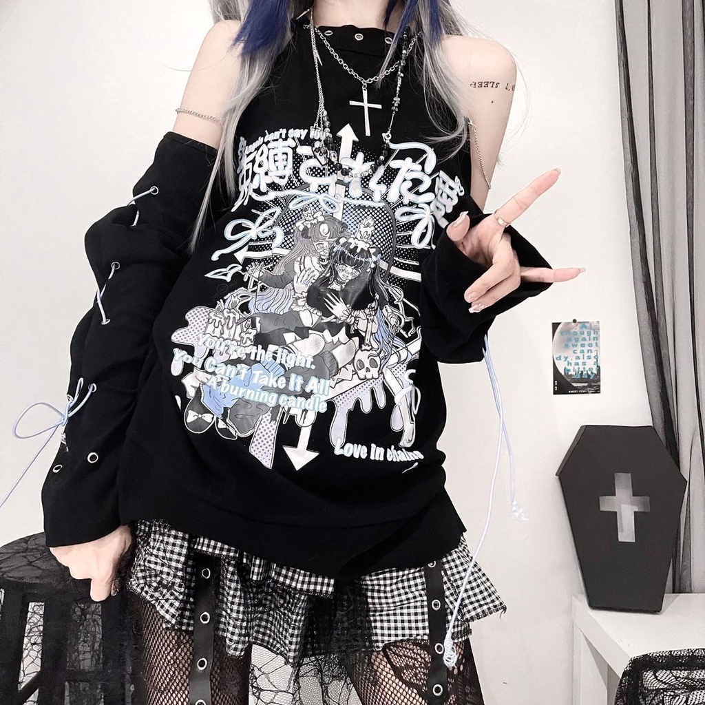 Áo Thun Tay Dài Không Dây Cột Dây Chéo y2k Phong Cách Punk Millennium Bán Chạy Cho Nữ