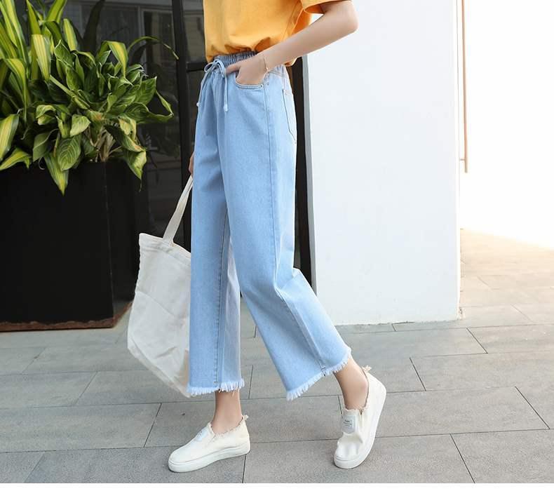 Quần Jeans Ống Rộng Lưng Thun Màu Sáng Phong Cách Hàn Quốc