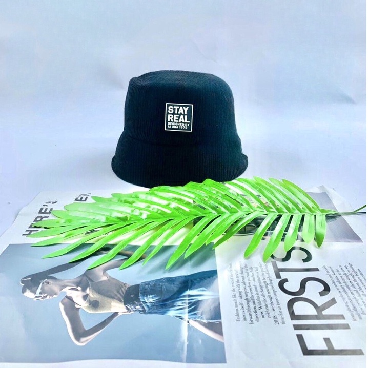 Mũ bucket HAZIN thêu chữ Stay Real vành nón cụp nhung nhiều màu phong cách Unisex phù hợp cả nam nữ