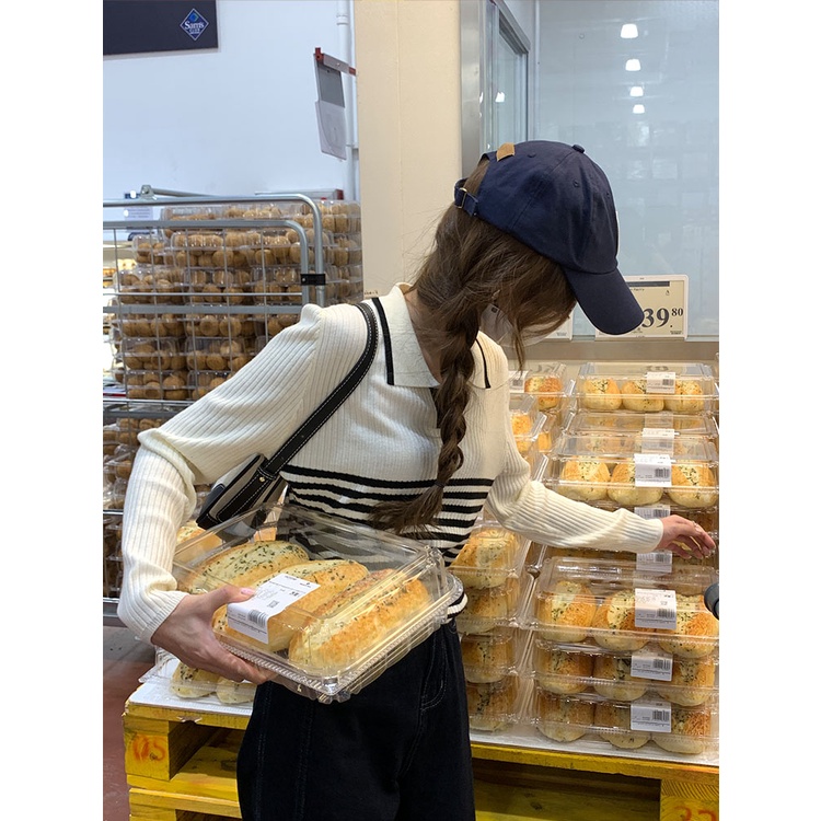 ZHELIHANGFEI Áo Sweater Tay Dài Cổ POLO Lưng Cao Dáng Ôm Họa Tiết Kẻ Sọc Thời Trang Trẻ Trung