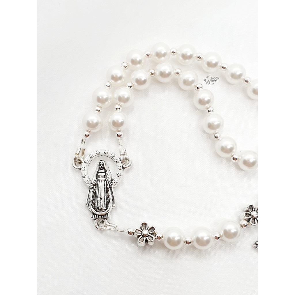 Vòng mân côi White Faux Pearl thiết kế handmade đơn giản, phụ kiện quà tặng Công Giáo