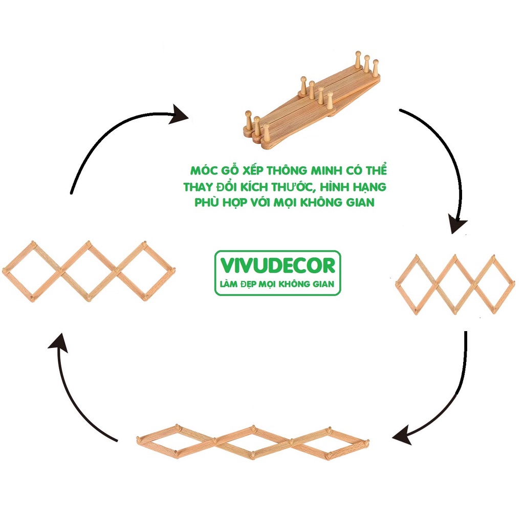 Móc treo tường Vivudecor 10 nhánh tròn, Móc treo quần áo biến hình phù hợp với mọi không gian, tặng kèm 2 miếng dán nhựa