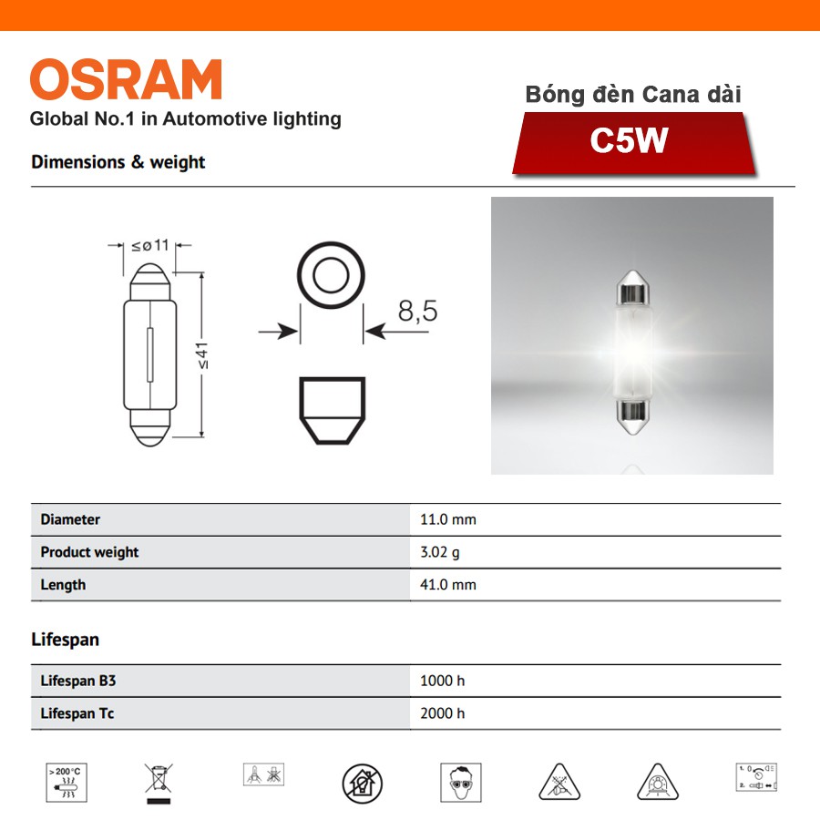 [Mã BMBAU50 giảm 10% đơn 99k] Combo 10 Bóng Đèn Cana Dài OSRAM Original C5W 12V 5W Nhập Khẩu Chính Hãng